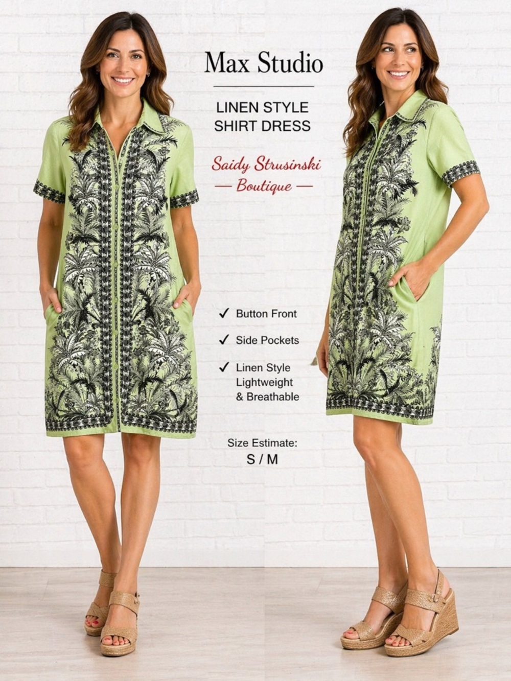 Max Studio Style Linen Blend Shirt Dress Green Tropical Print casual preppy/S-M